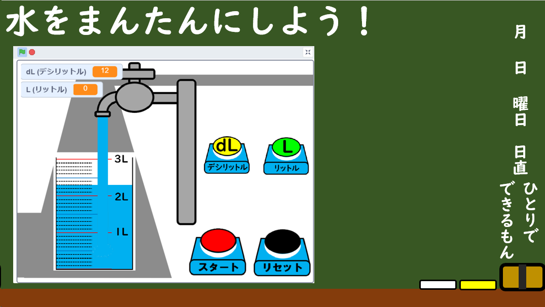 スクラッチ プログラミング 2年生 算数 水をまんたんにしよう ひとりでできるもん